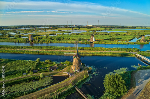Aerial view of traditional windmills in Kinderdijk  The Netherlands.