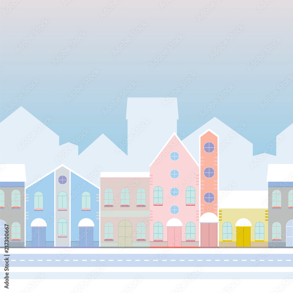 House buildings, home seamless background pattern. Street view in small city, town with road in winter time, snowing.