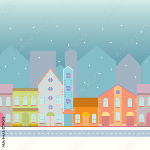 House buildings, home seamless background pattern. Street view in small city, town with road in winter time, snowing.