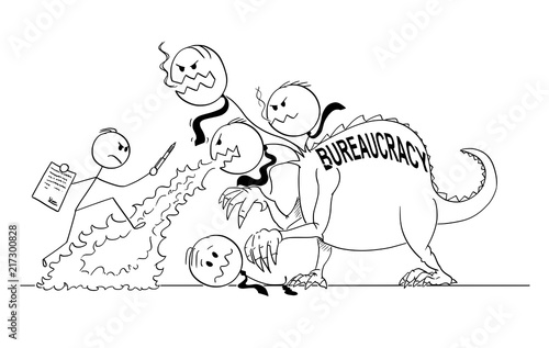 Cartoon stick drawing conceptual illustration of man or businessman with document and pen like shield and sword fighting against beast, monster, hydra or dragon of bureaucracy.