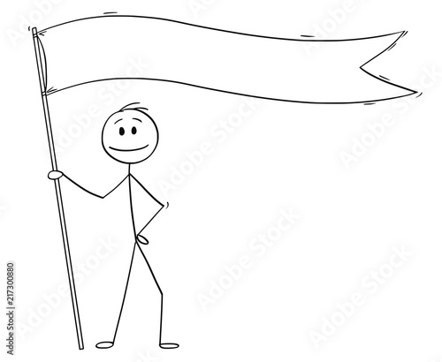 Cartoon stick drawing conceptual illustration of man or businessman holding long white flag or banner. There is space for your text.