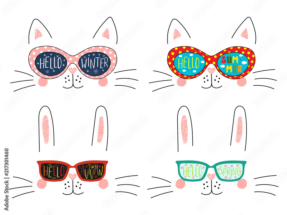 Set of cute cat, bunny faces in sunglasses with summer, autumn, winter ...