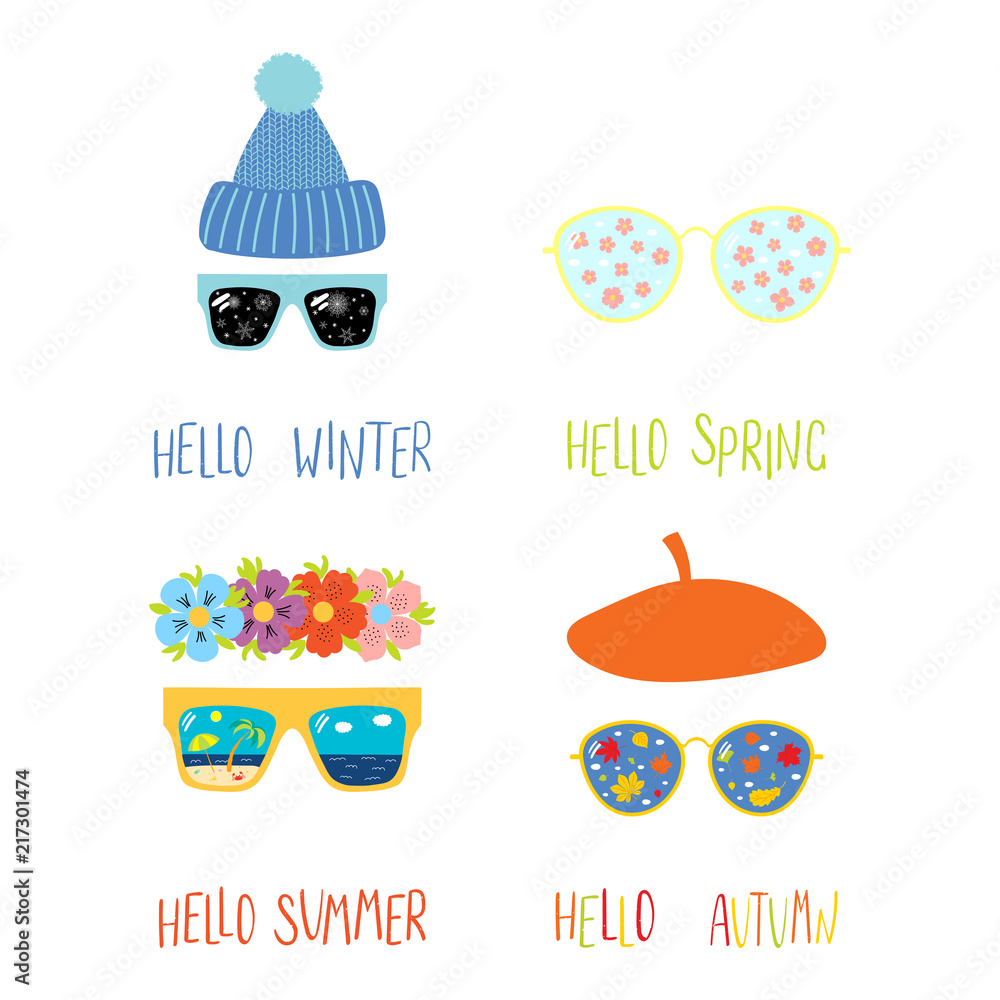 Set of hand drawn vector illustrations of sunglasses with summer ...