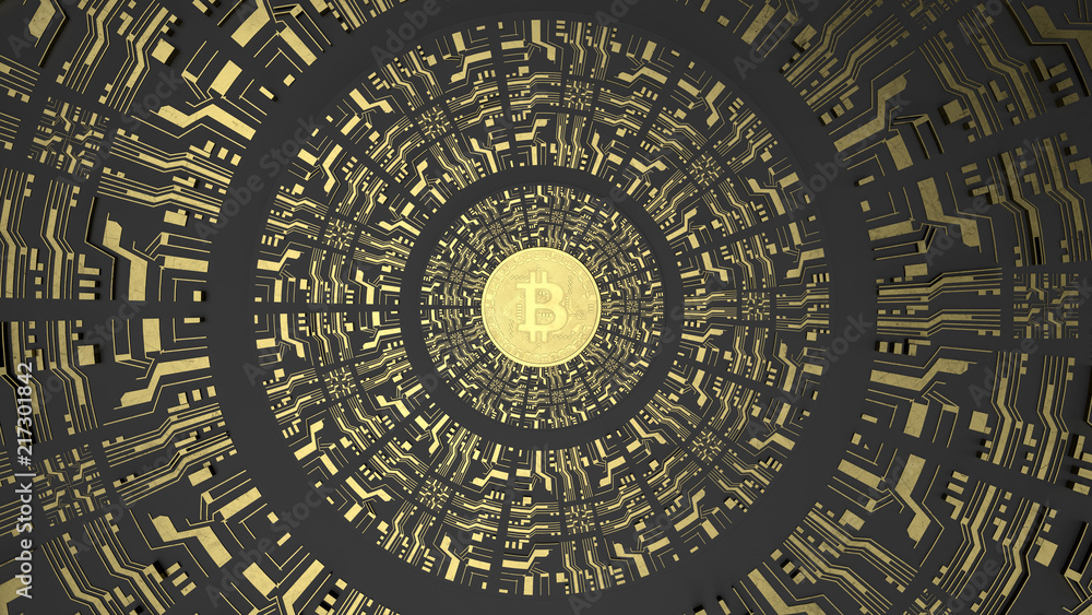 Gold Bitcoin on black background and futuristic golden printed circuit. Digital Currency. Mining 