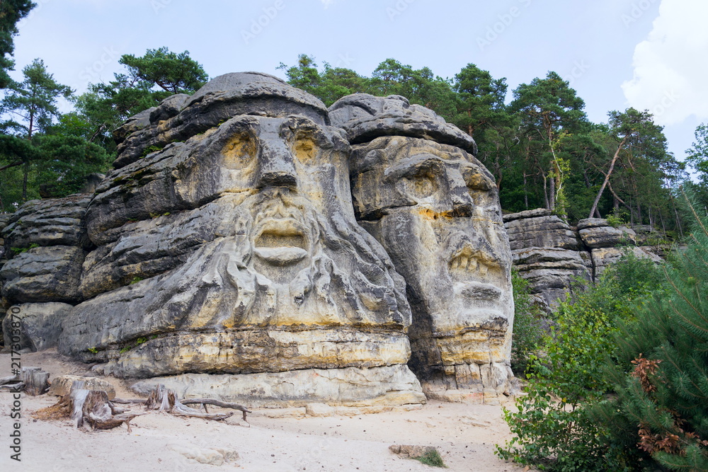 Sandstone rock sculptures Certovy Hlavy - Devils Heads created by Vaclav Levy in 1840s near Zelizy, Czech Republic Sandstone rock sculptures Certovy Hlavy - Devils Heads created by Vaclav Levy in 1840s near Zelizy, Czech Republic