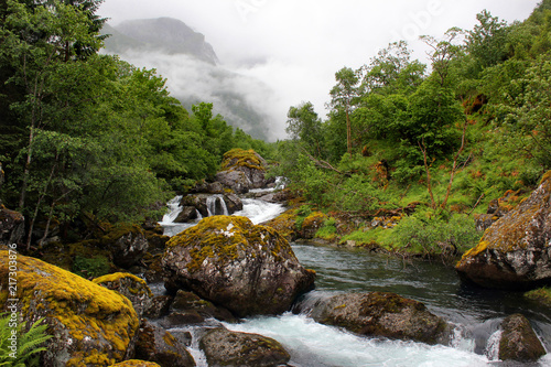 River Bondhuselva flowing out of lake Bondhus in Folgefonna national park, Hordaland county, Norway photo