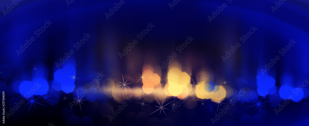 Abstract dark bokeh background, blue with yellow, festive cover background