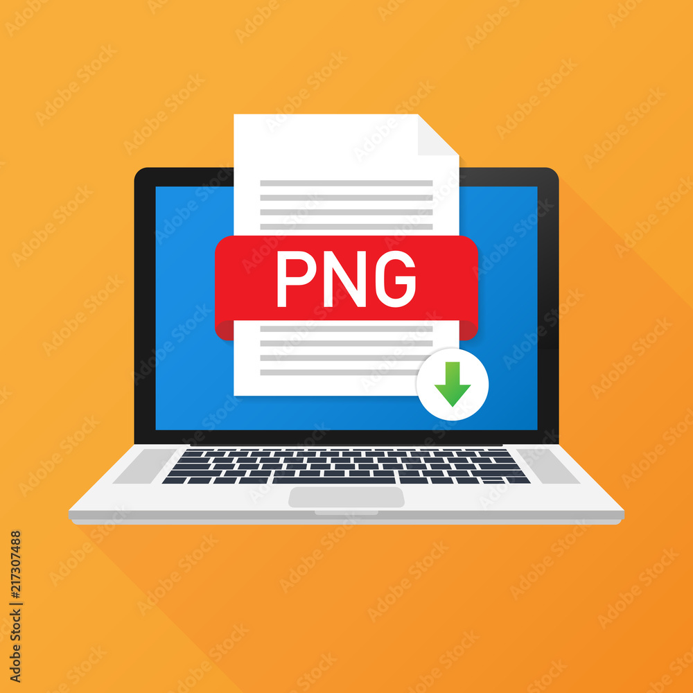 Download PNG button on laptop screen. Downloading document concept. File with PNG label and down arrow sign. Vector illustration. Download PNG button on laptop screen. Downloading document concept. File with PNG label and down arrow sign. Vector illustration.