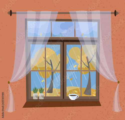 Autumn view from the window with cornice and transparent tulle. Closed wood window view to Indian summer, flying foliage, yellow trees. On windowsilll plants in pots, coffee cup. Flat cartoon vector