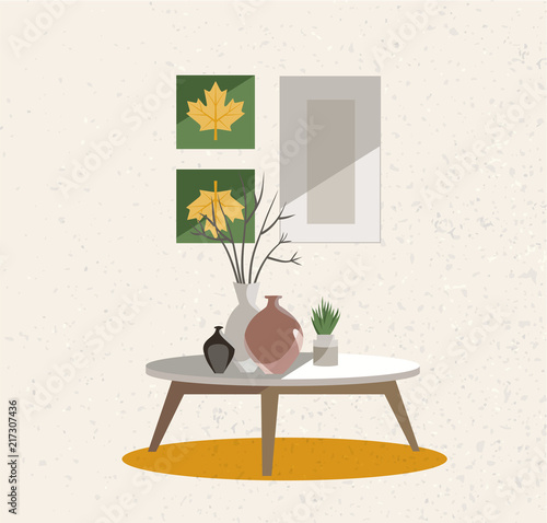 Illustration of an interior group. A table on legs with a clay vases, indoor plants and posters on the wall. Beige wall with rough texture. Flat cartoon style vector illustration.