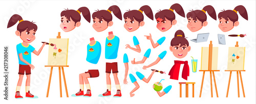 Girl Schoolgirl Kid Vector. High School Child. Animation Creation Set. Face Emotions, Gestures. Child Pupil. Subject, Clever, Studying. For Banner, Flyer, Web Design. Animated. Cartoon Illustration