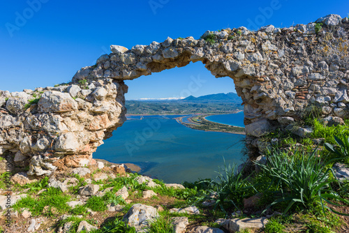Old Navarino Castle looking over the Pylos bay in Gialova, Peloponnese, Greece.