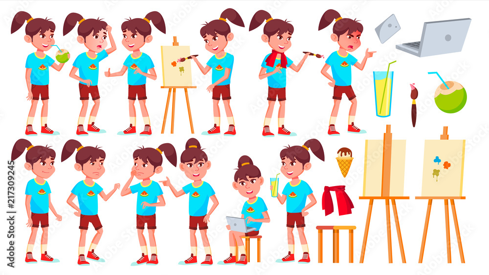 Fototapeta premium Girl Schoolgirl Kid Poses Set Vector. High School Child. School Student. Graduation, Homework, Teacher. For Banner, Flyer, Web Design. Isolated Cartoon Illustration