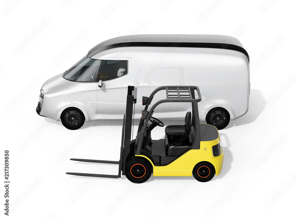 Side view of electric delivery van and forklift isolated on white background. 3D rendering image.