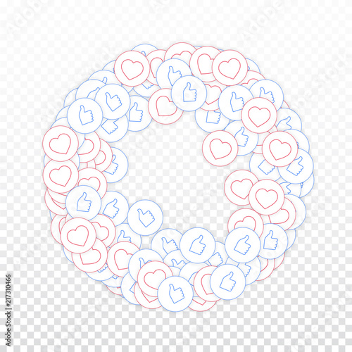 Social media icons. Social media marketing concept. Falling scattered thumbs up hearts. Round frame 