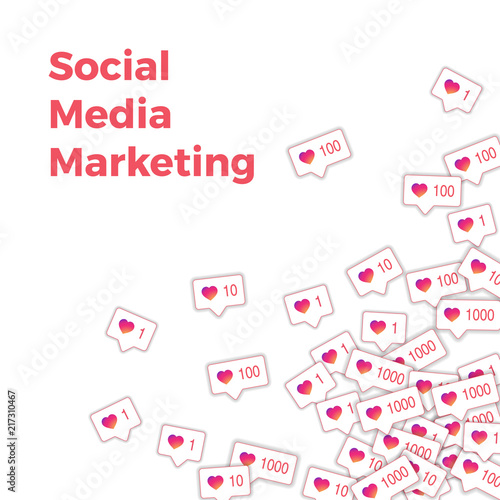 Social media icons. Social media marketing concept. Falling gradient like counter. Scattered bottom 