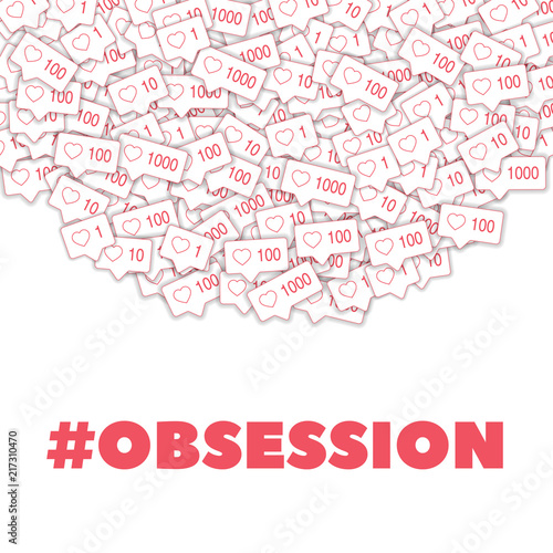 Social media icons. Social media obsession concept. Falling pink like counter. Top semicircle square