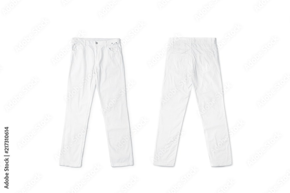 Foto Stock Blank white pants lying mock up, front and back side, isolated.  CLear trousers mockup, top view. Empty breeches with a button template.  Cloth jeans design presentation | Adobe Stock