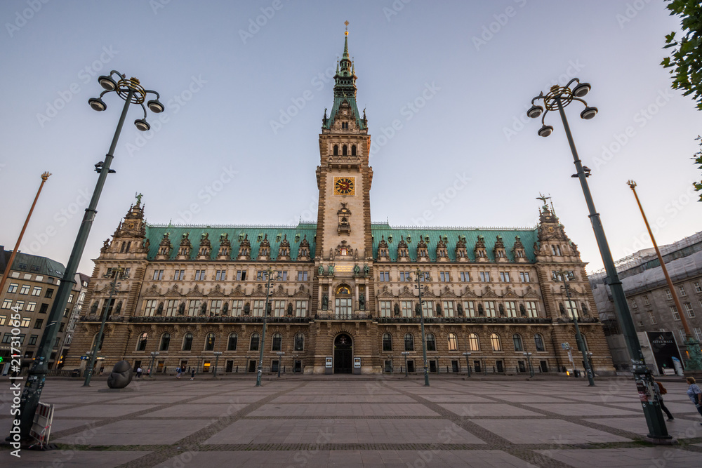 Fototapeta premium Hamburg City Hall is the seat of local government of the Free and Hanseatic City of Hamburg, Germany. Sunset.