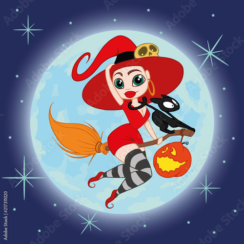 witch flying on a broomstick with a black cat