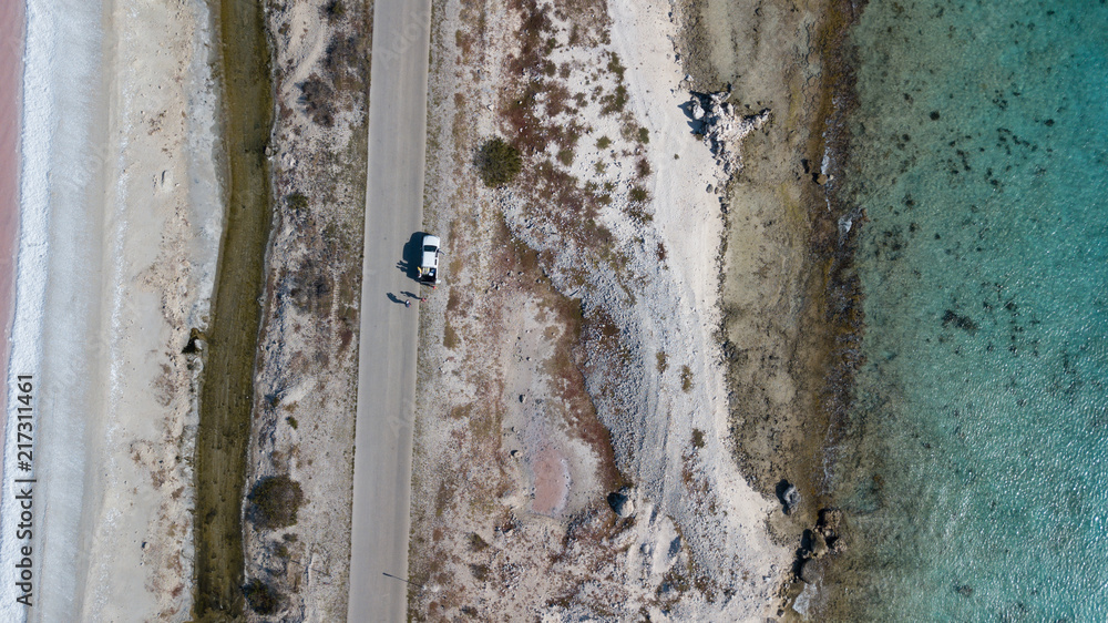 rose caribbean salt lake Bonaire island aerial drone top view rose caribbean salt lake Bonaire island aerial drone top view