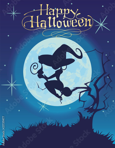 Vector illustration of a sexy witch silhouette over a blue dark night sky of Halloween.