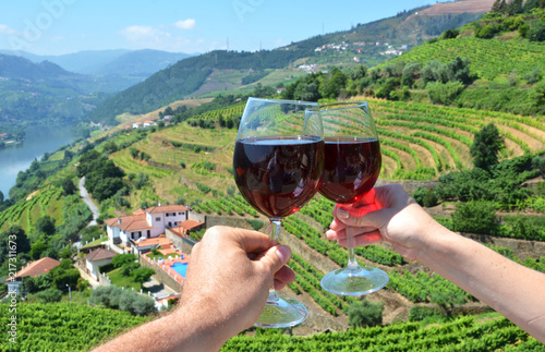Wine glasses against vineyards in Douro Valley, Portugal
