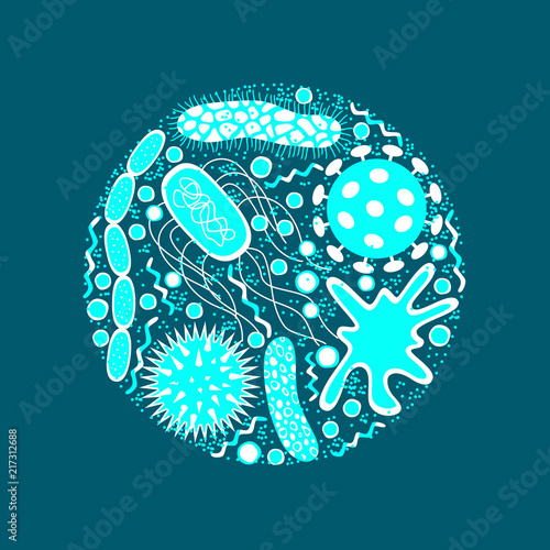 Germs and bacteria icons set  isolated on blue  background.