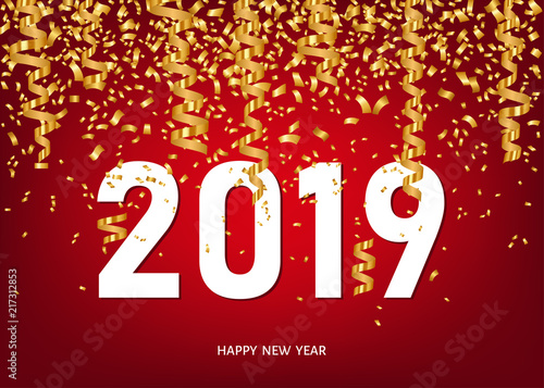 2019 Happy New Year greeting card with golden confetti.