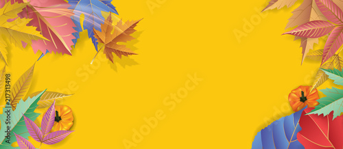 Autumn background with maple leaves and pumpkin. Fall background.