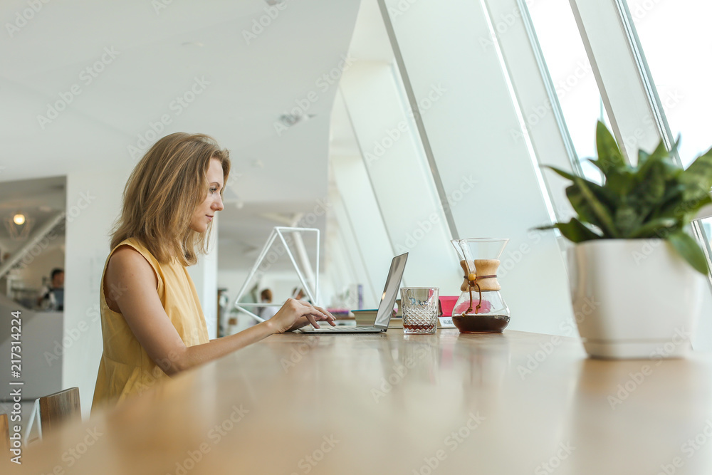 Profile portrait of young concentrated woman, sitting, working in front of laptop on wooden table in beautiful white office near window, lots of light