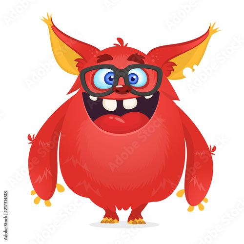 Vector cartoon of a red fat and fluffy Halloween monster with big ears wearing glasses. Funny troll or gremlin character