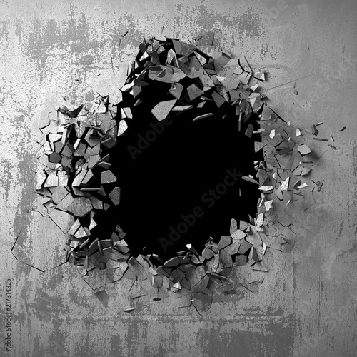 Fototapeta Naklejka Na Ścianę i Meble -  Dark cracked broken hole in concrete wall. Grunge background