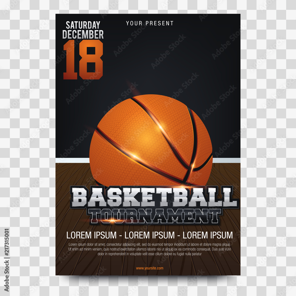 Basketball Poster with Basketball Ball. Basketball Playoff Advertising. Sport Event Announcement