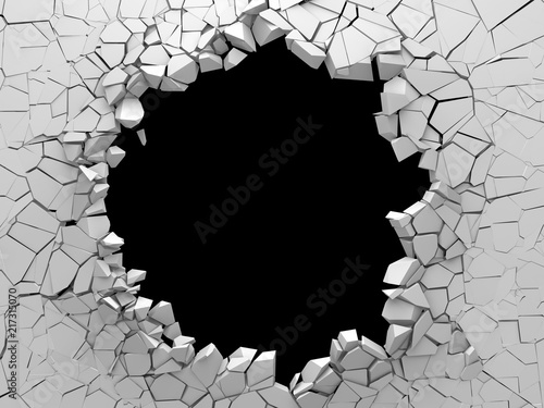 Fototapeta Naklejka Na Ścianę i Meble -  Dark destruction cracked hole in white stone wall