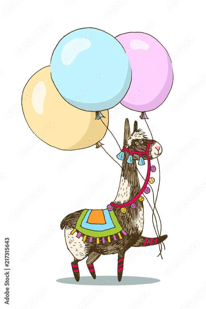 Fototapeta premium Greeting card vector design. Cheerful lama with three balloons. Happy birthday invitation template with funny animal isolated on white background. For baby birthday, party, invitation.