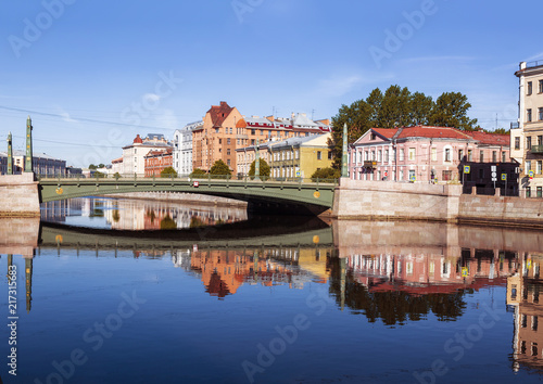 View of the Fontanka river, the Egyptian bridge and the embankment. St. Petersburg, Russia