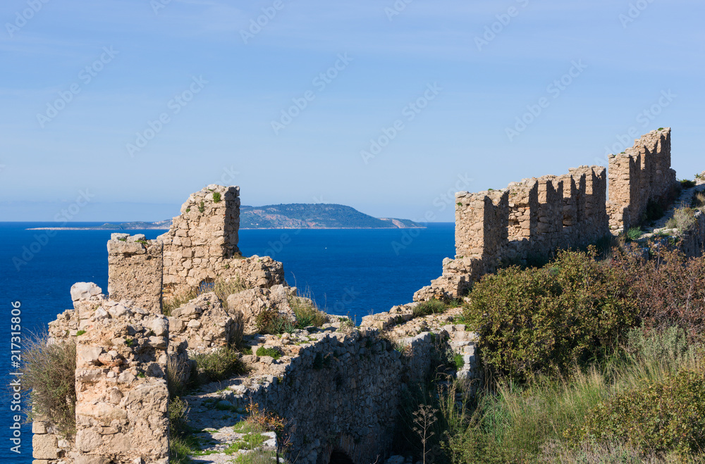 Old Navarino Castle looking over the Pylos bay in Gialova, Peloponnese, Greece.