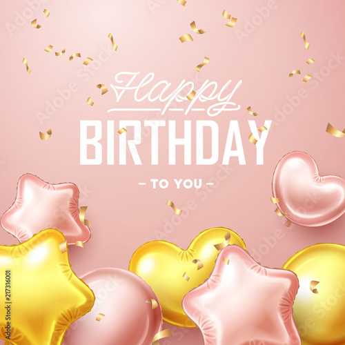 Happy Birthday background with pink and gold floating balloons. Vector illustration.