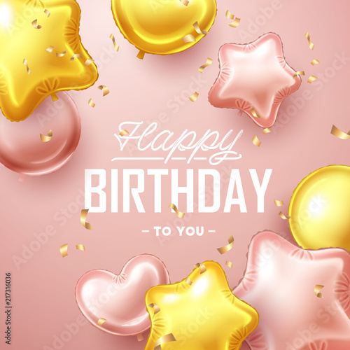 Happy Birthday background with pink and gold floating balloons. Vector illustration.