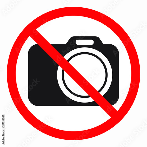 No cameras allowed sign. Red prohibition no camera sign. No taking pictures, no photographs sign.