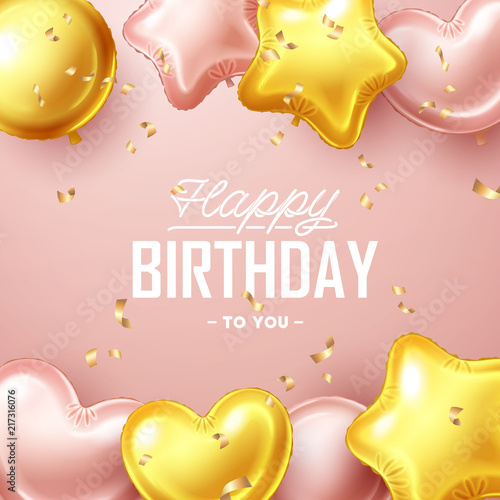 Happy Birthday background with pink and gold floating balloons. Vector illustration.