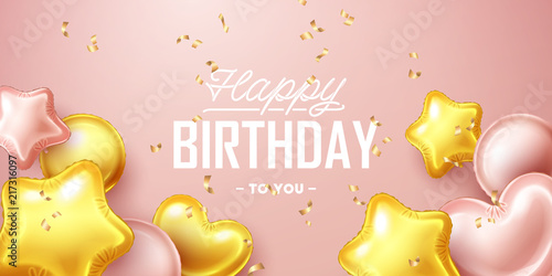 Happy Birthday background with pink and gold floating balloons. Vector illustration.