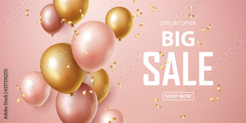 Sale banner with pink and gold floating balloons. Vector illustration. photo