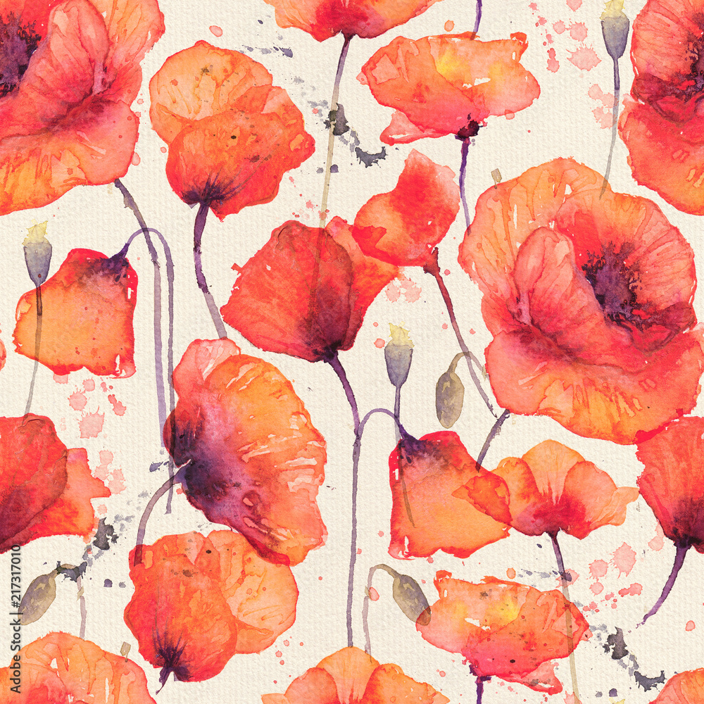 Fototapeta premium Watercolor seamless pattern with wild red poppies, vintage background
