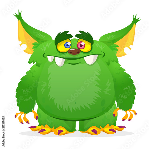 Cartoon green horned monster. Vector illustration isolated