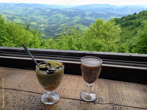 coffee, window, landscape, sky, dessert, ukraine, carpatian, pylypets photo