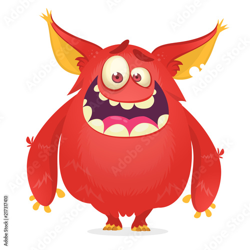 Vector cartoon of a red fat and fluffy Halloween monster with big ears. Funny troll or gremlin character