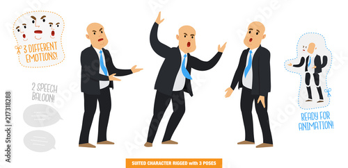 Vector illustration of a man with a suit, politics, businessman with 3 poses, 3 expressions and 2 speech balloons, Stylized rigged character set ready for animations photo