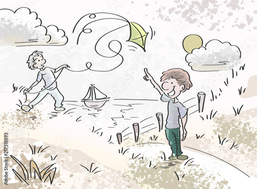 Met de vlieger spelen in de duinen aan het strand zomervakantie concept
